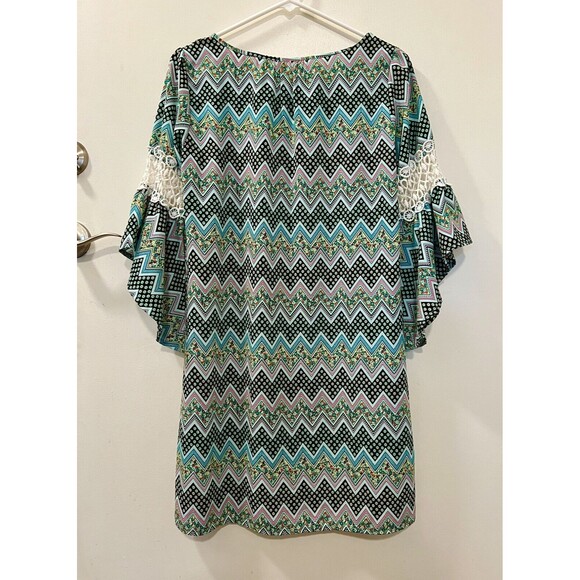 Trinity Womens Green Floral and Geometric Print Bell Sleeve Shift Dress - Small - Picture 5 of 9